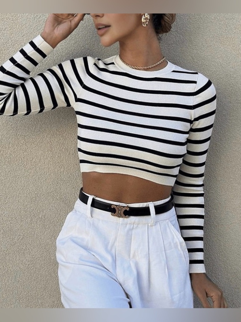 🆕Forever 21 Black & White Striped Long-Sleeve Crop Sweater Top S🆕